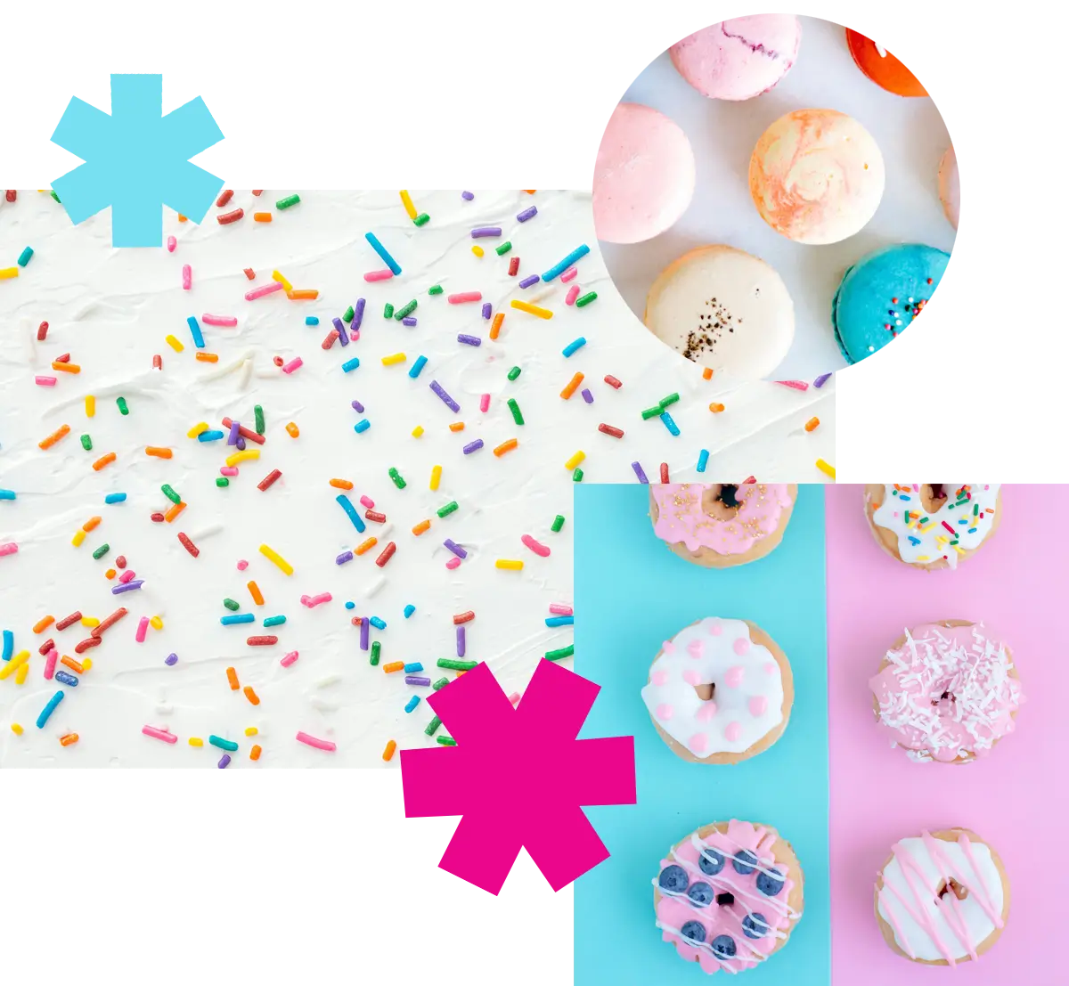 a collage of sweet, colourful, cute treats - sprinkles, macarons and donuts!